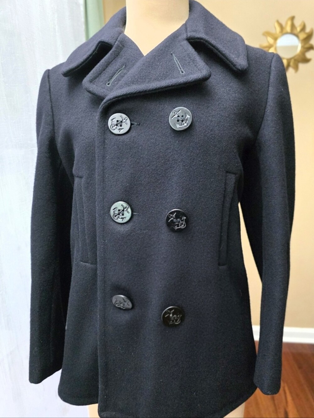 Vintage 60s 70s Navy Wool Peacoat Fox Knapp Anchor Buttons Made USA Womens 14